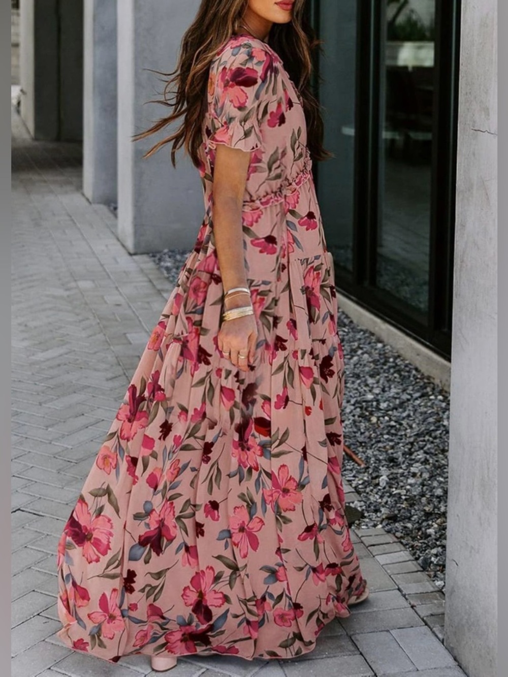 BLENCOT Womens Casual Floral Printed V Neck Maxi Dress